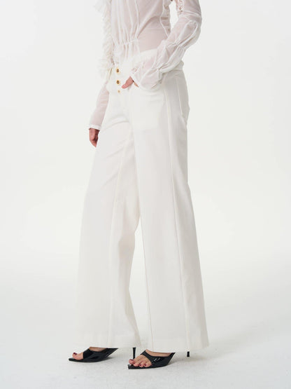 popoop White Mid Rise Relaxed Draped Silhouette Wide Leg Women&