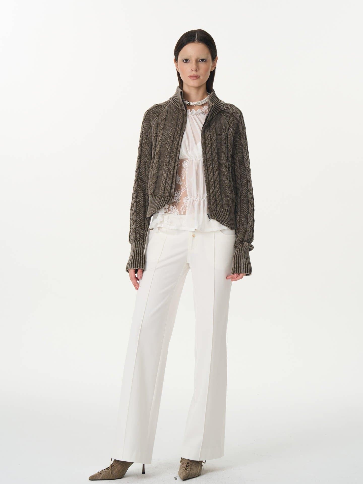 popoop White Mid Rise Relaxed Draped Silhouette Wide Leg Women&