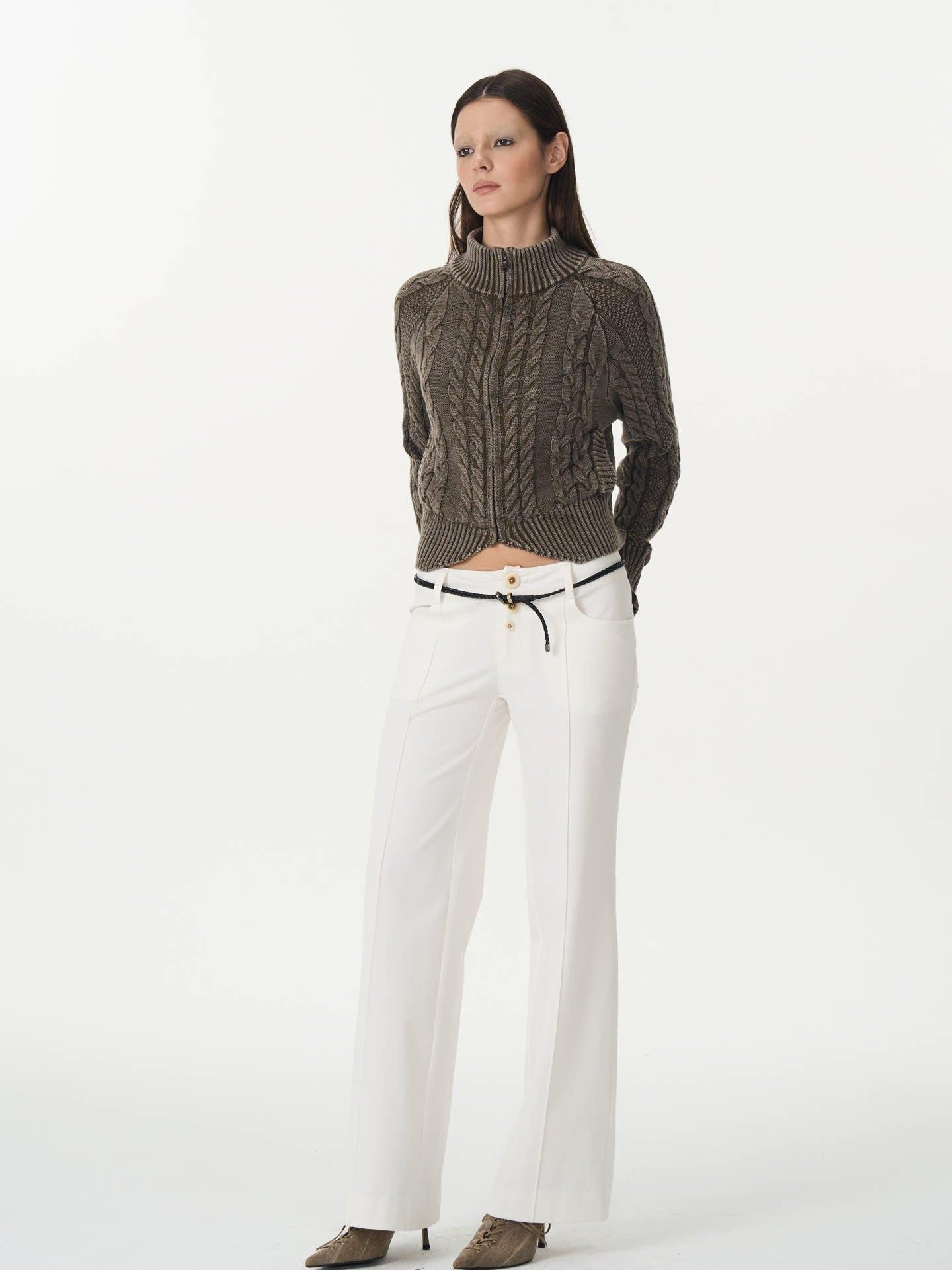 popoop White Mid Rise Relaxed Draped Silhouette Wide Leg Women&