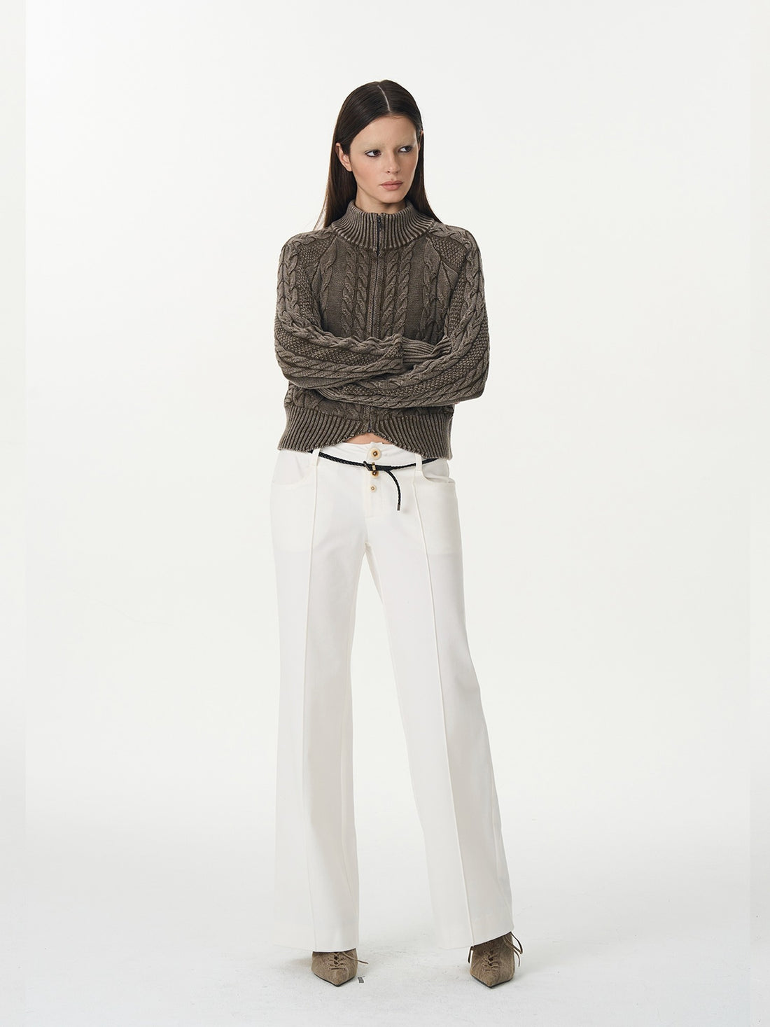 popoop White Mid Rise Relaxed Draped Silhouette Wide Leg Women&