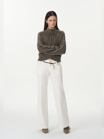 popoop White Mid Rise Relaxed Draped Silhouette Wide Leg Women&