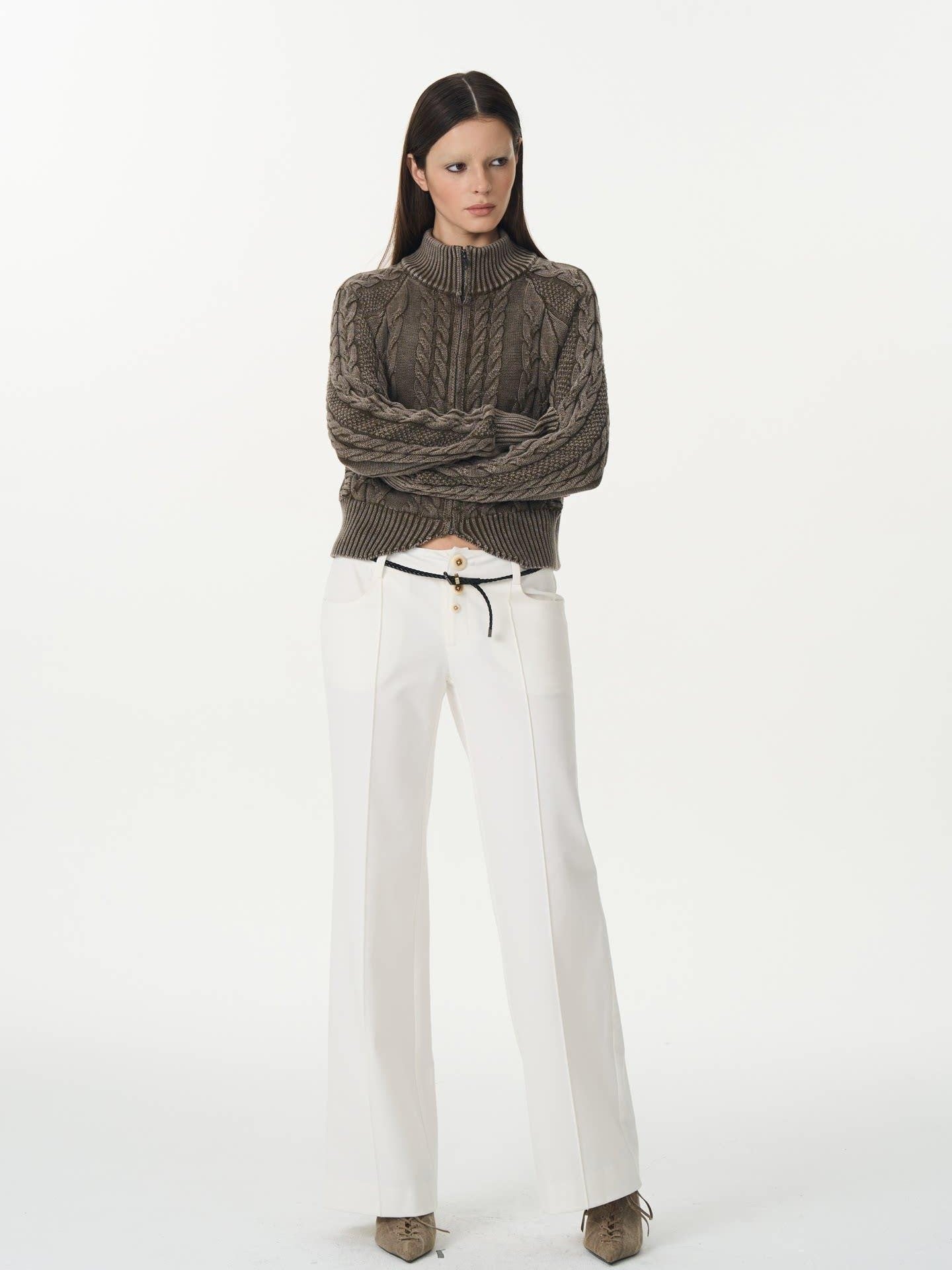 popoop White Mid Rise Relaxed Draped Silhouette Wide Leg Women&