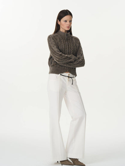 popoop White Mid Rise Relaxed Draped Silhouette Wide Leg Women&
