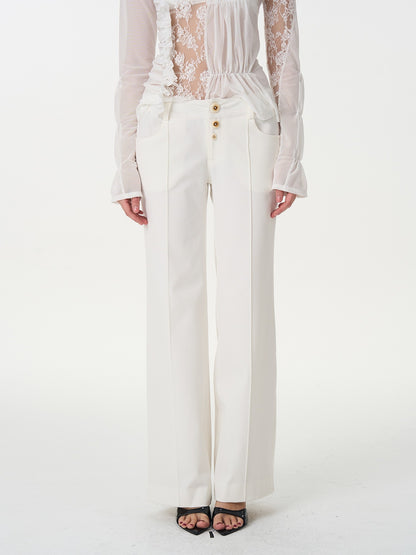 popoop White Mid Rise Relaxed Draped Silhouette Wide Leg Women&