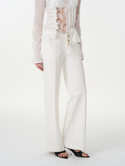 popoop White Mid Rise Relaxed Draped Silhouette Wide Leg Women&