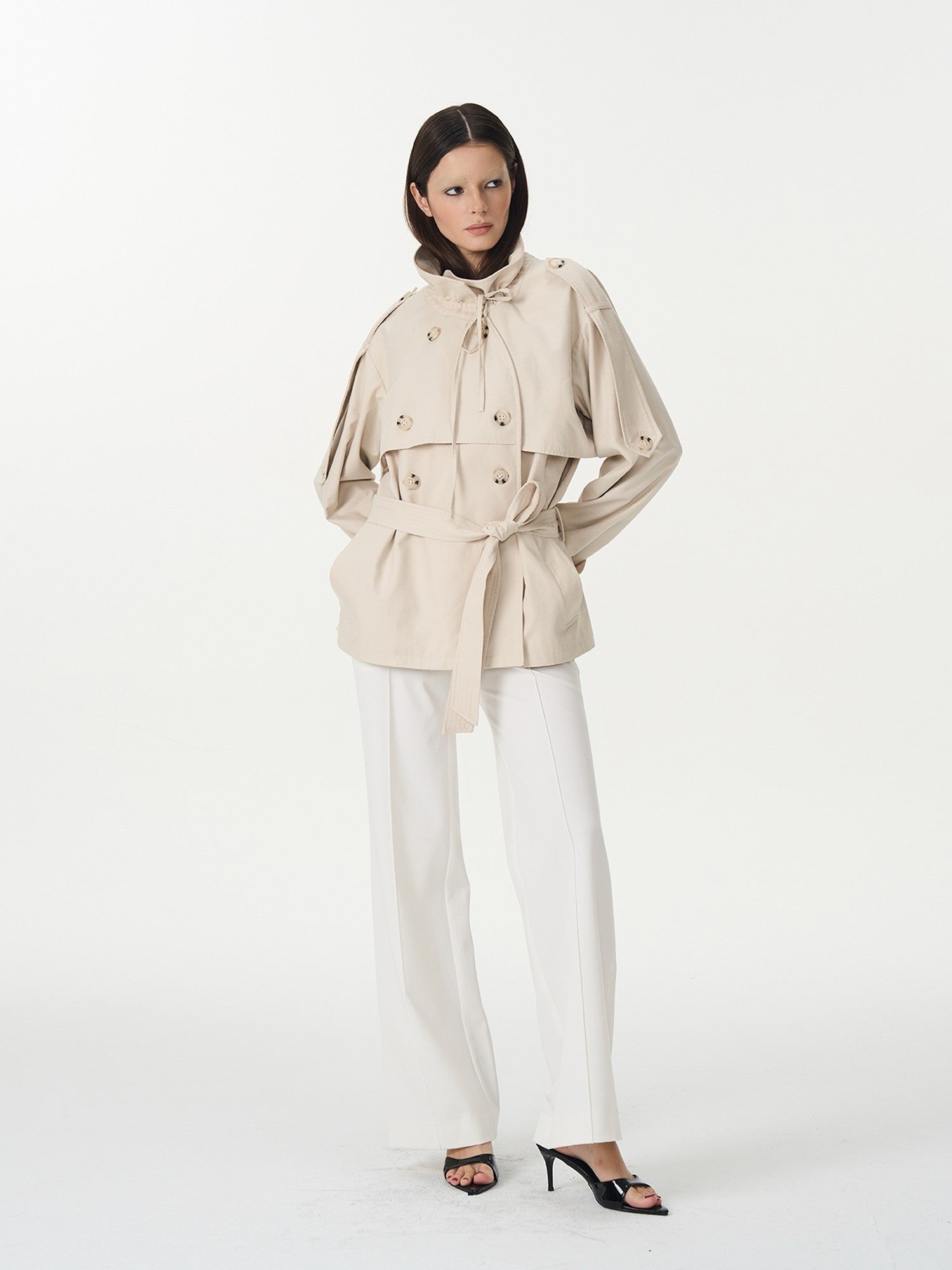 popoop White Mid Rise Relaxed Draped Silhouette Wide Leg Women&