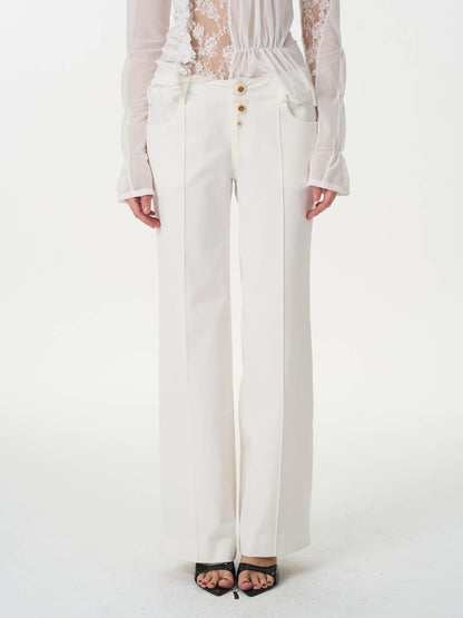 popoop White Mid Rise Relaxed Draped Silhouette Wide Leg Women&