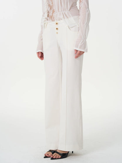 popoop White Mid Rise Relaxed Draped Silhouette Wide Leg Women&