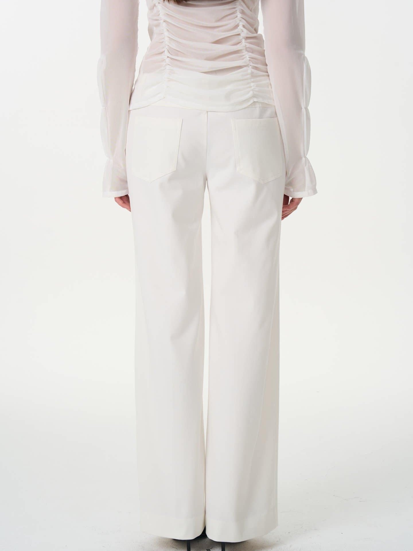 popoop White Mid Rise Relaxed Draped Silhouette Wide Leg Women&