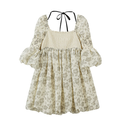 DIDDI MODA Blue Floral Jacquard Bubble Dress With Puff Sleeves