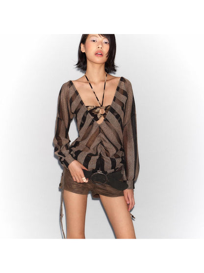 Flowers birds Market Two-Way Large Neckline Irregular Striped Mesh Shirt
