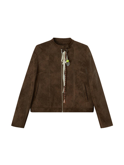 DIDDI MODA Colorblock Biker Jacket With Stitched PU Suede Detail