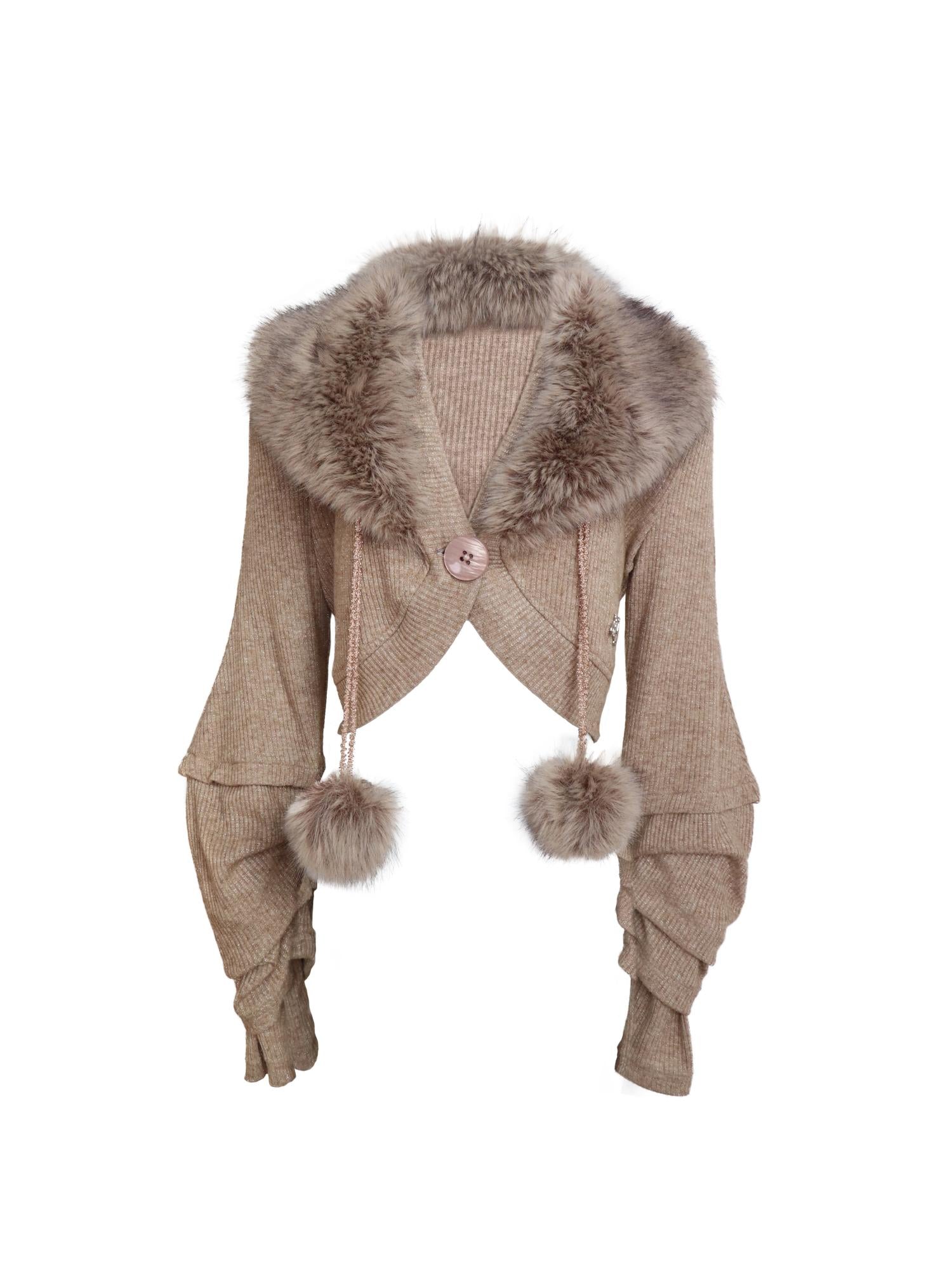 Flowers birds Market Pile-Sleeve Fur Collar Short Knitted Cardigan Coat