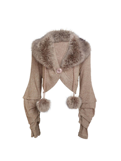 Flowers birds Market Pile-Sleeve Fur Collar Short Knitted Cardigan Coat