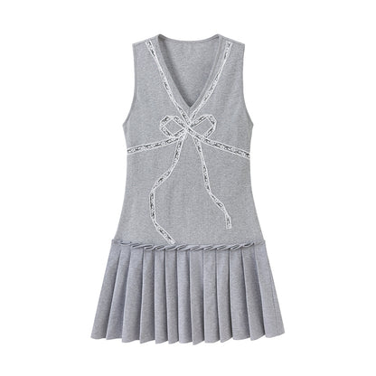 DIDDI MODA V Neck Lace Bow Ruffle Knit Dress Asymmetrical Tie Waist A Line Dress