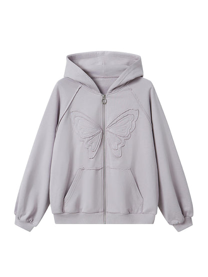 DIDDI MODA Lace Bow Butterfly Hoodie Grey Oversized Cotton Sweatshirt