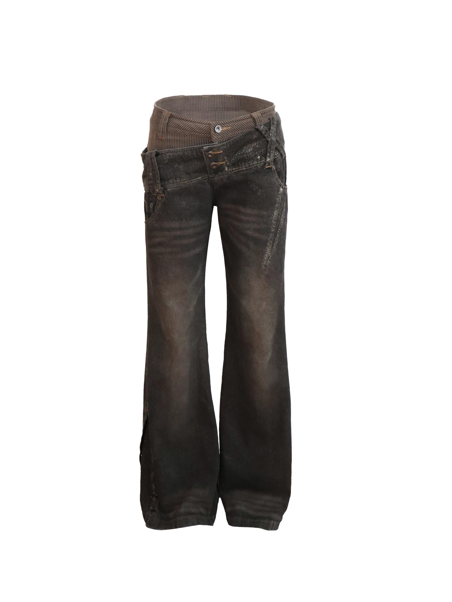 Flowers birds Market Double Waistband Retro Flared Cotton Washed Denim Straight Trousers