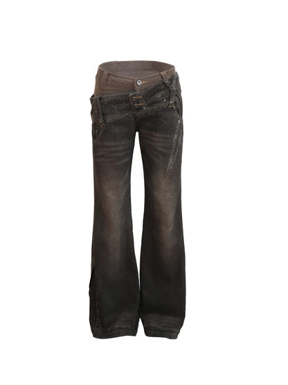 Flowers birds Market Double Waistband Retro Flared Cotton Washed Denim Straight Trousers