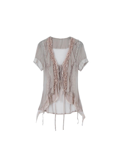 DoublePunch Sheer Textured Jellyfish Blouse With Layered Hem Shirt