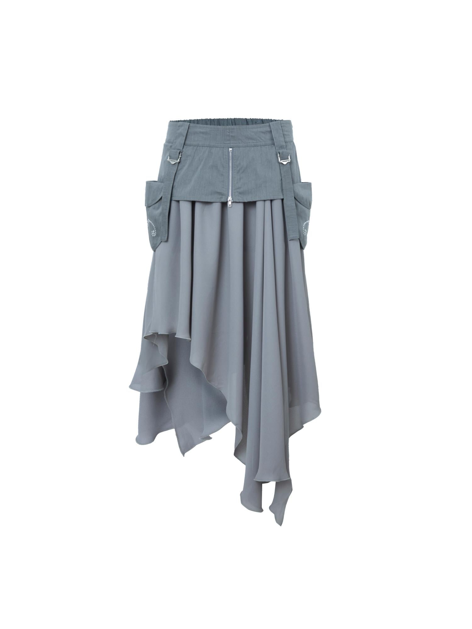 DoublePunch Flared Slit Skirt With Waistband Pockets Rhinestone Design Skirt