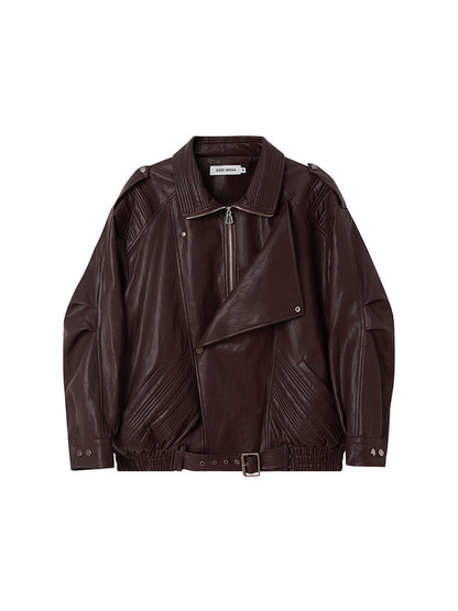 DIDDI MODA Oversized Retro Pu Leather Jacket With Quilted Detailing