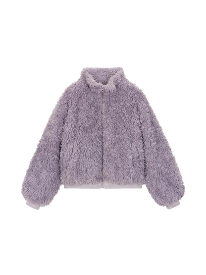 atrandom Purple Cozy Short Faux Shearling Jacket Women Winter Outerwear
