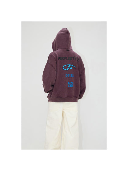 Peoplesense Vintage Embroidered 480g Washed Zip Hoodie Unisex