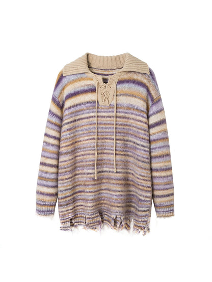 Vintage Collar Striped Hem Distressed Sweater