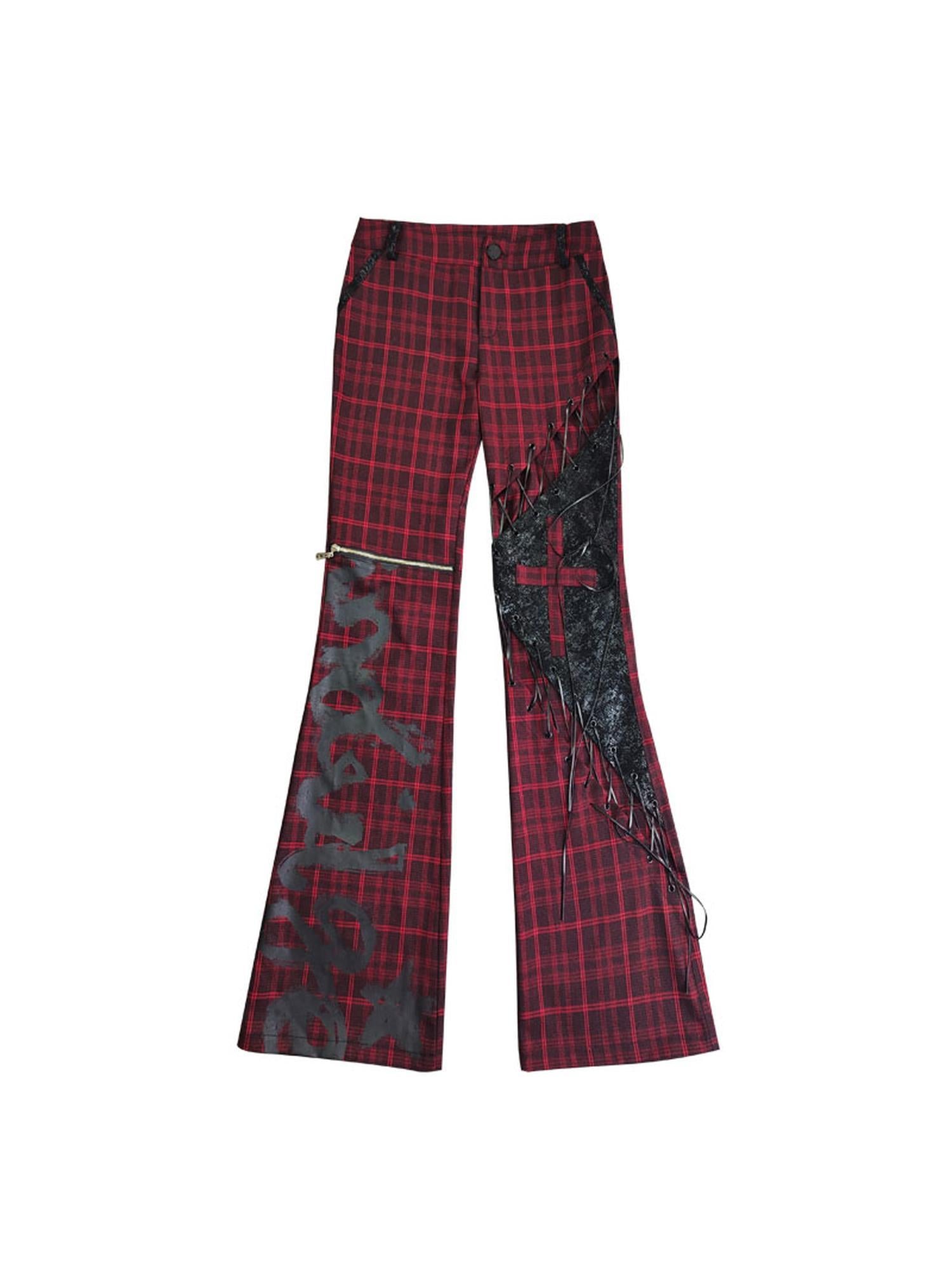 WSW WUSHENWU Rock Trend Red Black Plaid Leather Pants With Belt Cutout Slim Fit