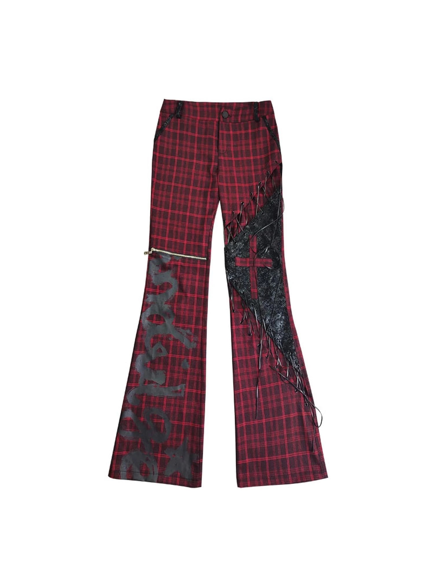 Rock Trend Red Black Plaid Leather Pants With Belt Cutout Slim Fit