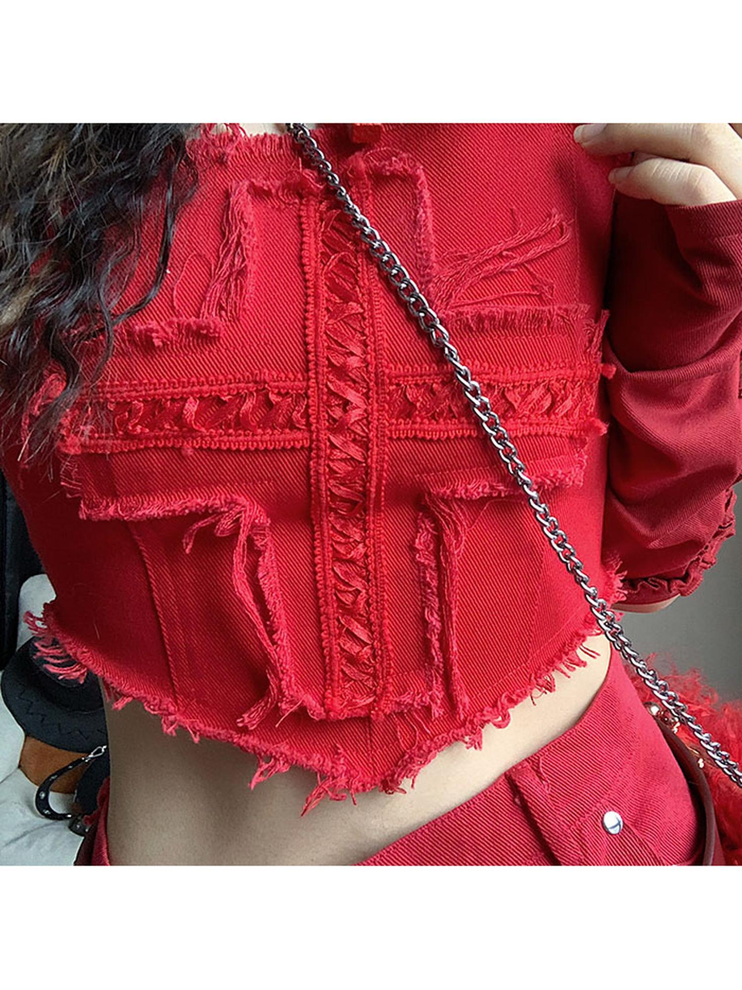 WSW WUSHENWU Cross Lace Sleeveless Cowgirl Denim Crop Top