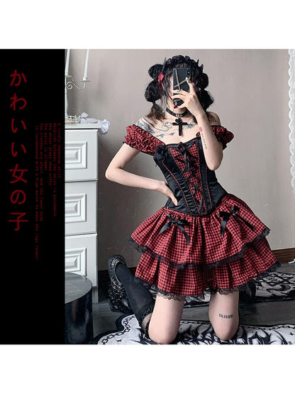 WSW WUSHENWU Nana Checkered Dress Set Black White Red Corset Top Slim Fit Look