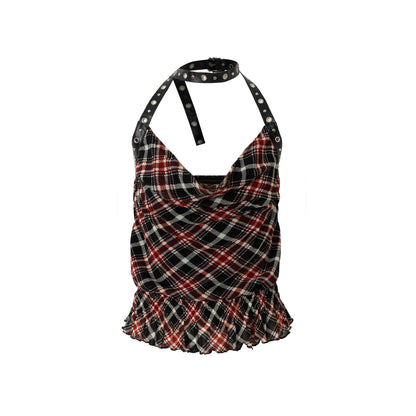 NO ROMANCE Vintage Plaid Mesh Halter Top Slim Fit Blouse