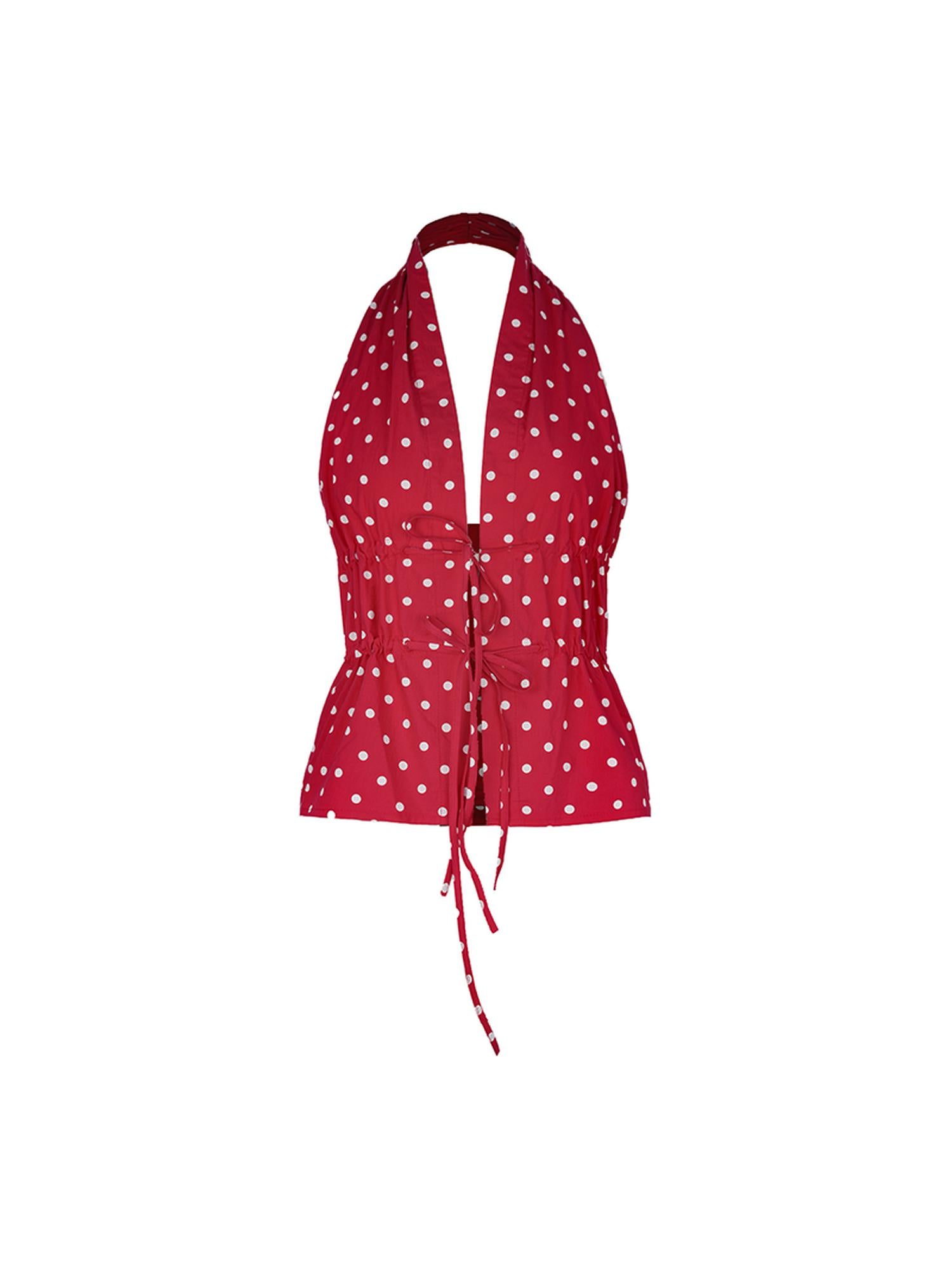 STRIKE A POSE Lazy Dot Backless Sexy Drawstring Halter Fit Top