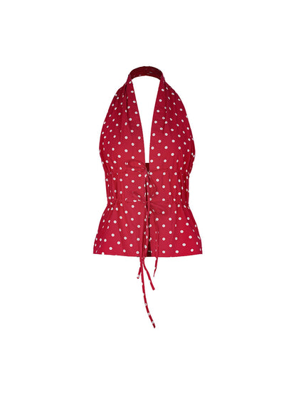 STRIKE A POSE Lazy Dot Backless Sexy Drawstring Halter Fit Top