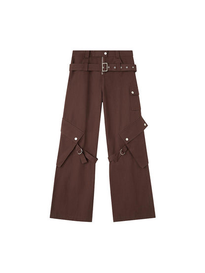 DIDDI MODA Double Belt Utility Cargo Pants Loose Straight Leg Tactical Trousers