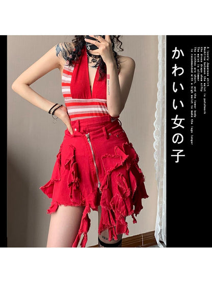 WSW WUSHENWU Y2K Cross Lace Denim Mini Skirt