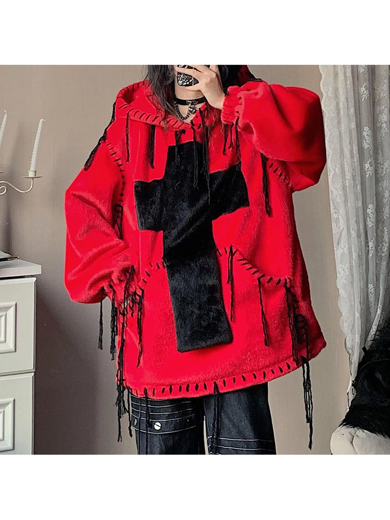 Wool Cross Fur Hooded Coat One Size Fits All