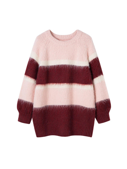 DIDDI MODA Soft Striped Knit Sweater With Colorblock Shoulder Cutout