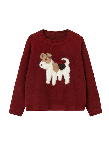 DIDDI MODA Fluffy Puppy Jacquard Sweater Cozy Cute Knitwear