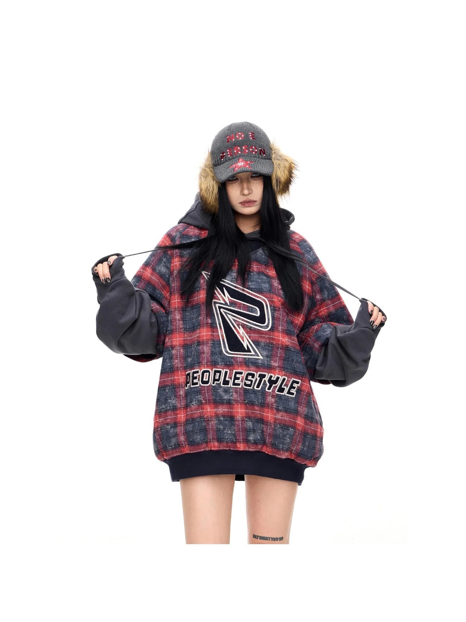 Plaid Polar Fleece Detachable Thermal Couple Oversized Sweatshirt