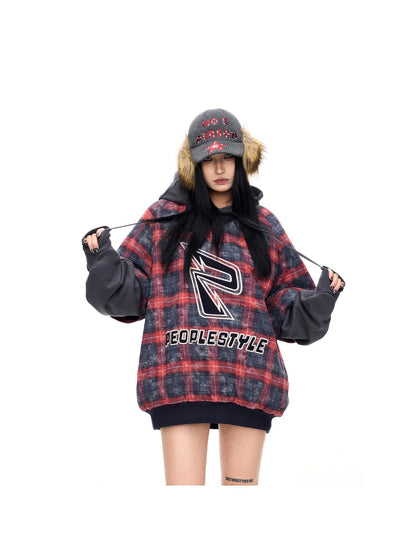 Peoplesense Plaid Polar Fleece Detachable Thermal Couple Oversized Sweatshirt