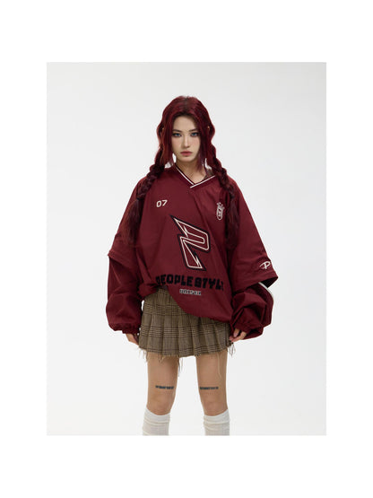 Peoplesense Retro Embroidered V Neck Red Sportswear Unisex Loose Fit Detachable Sleeves