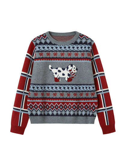DIDDI MODA Fair Isle Dog Embroidered Colorblock Sweater