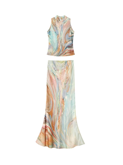 OfAkiva Original Nature Art Print Vest Bias-Cut Skirt Set 2Pcs
