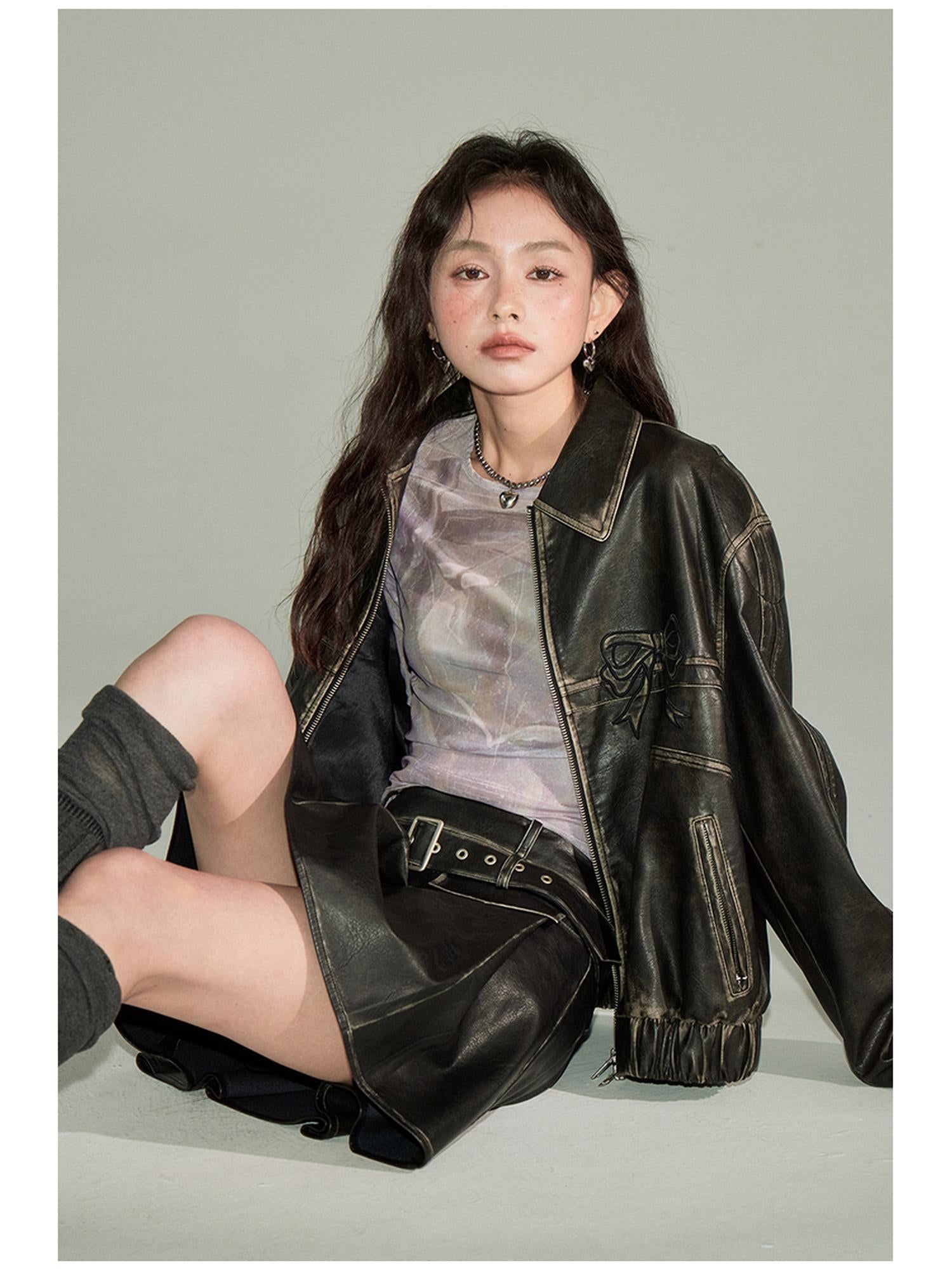 DIDDI MODA Sweet Rebel Bow Vintage Distressed Pu Jacket