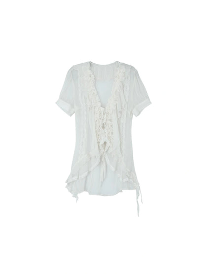 Sheer Textured Jellyfish Blouse With Layered Hem Shirt