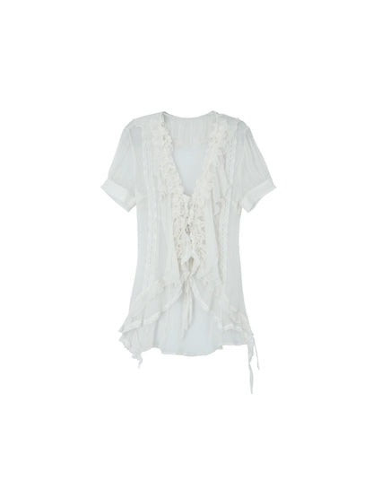 DoublePunch Sheer Textured Jellyfish Blouse With Layered Hem Shirt