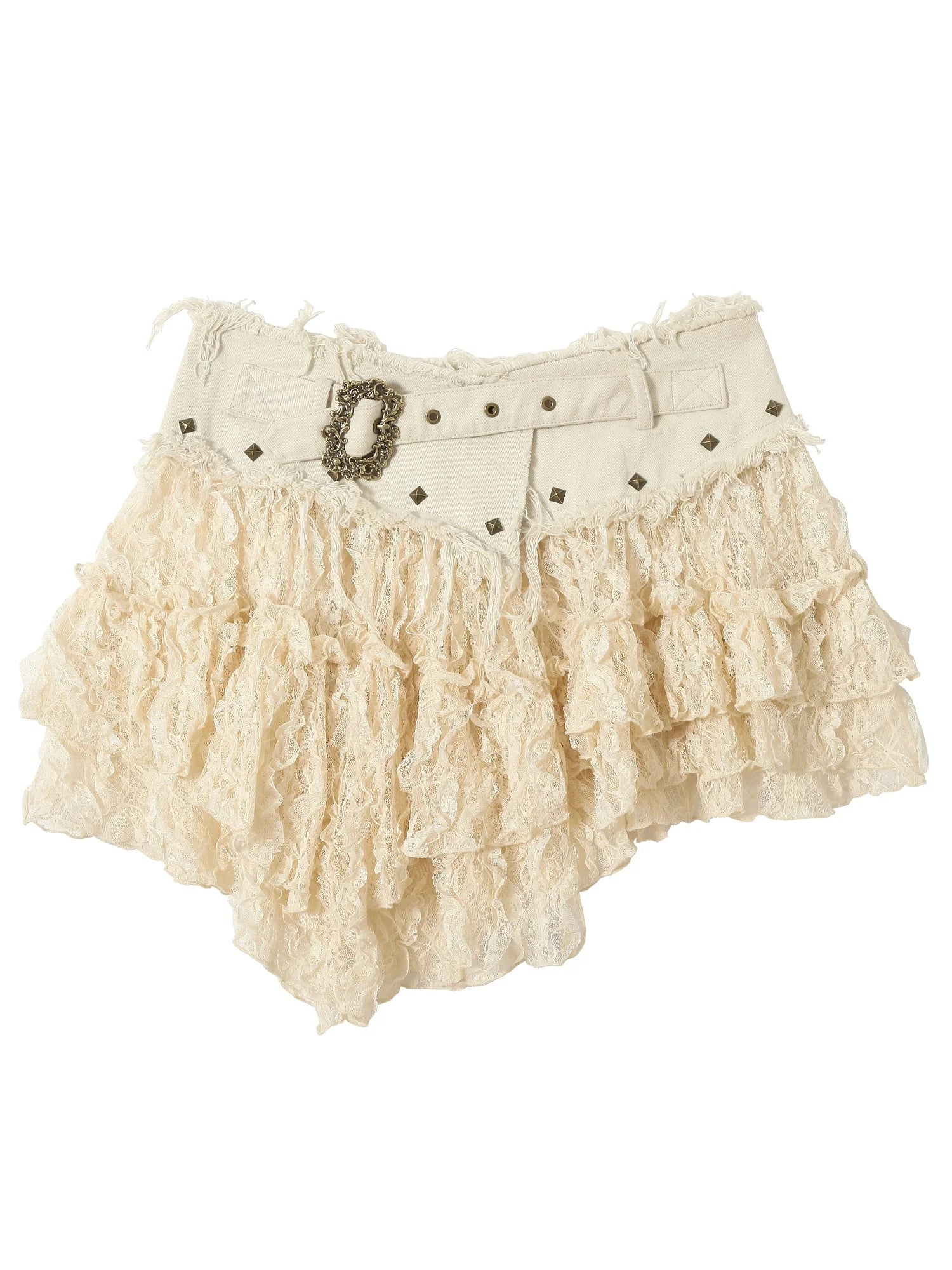 Vintage Distressed Low-Rise Patchwork Lace Mesh Skirt