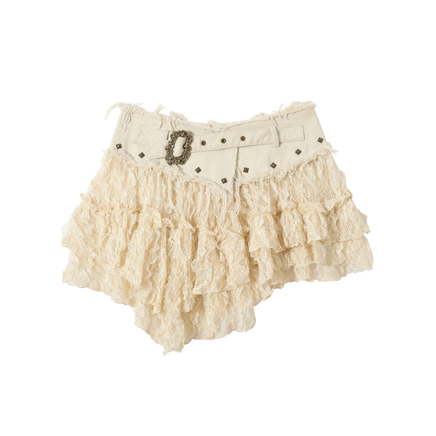 NO ROMANCE Vintage Distressed Low-Rise Patchwork Lace Mesh Skirt